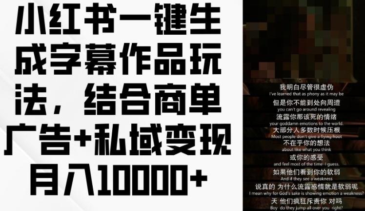小红书一键生成字幕作品玩法，结合商单广告+私域变现月入1w+【揭秘】-泡泡网赚