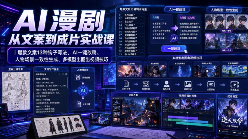 AI漫剧从文案到成片实战课｜爆款文案13种钩子写法、AI一键改稿、人物场景一致性生成、多模型出图出视频技巧-泡泡网赚