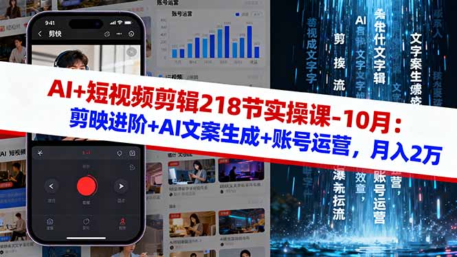 AI+短视频剪辑218节实操课-10月：剪映进阶+AI文案生成+账号运营，月入2万-泡泡网赚