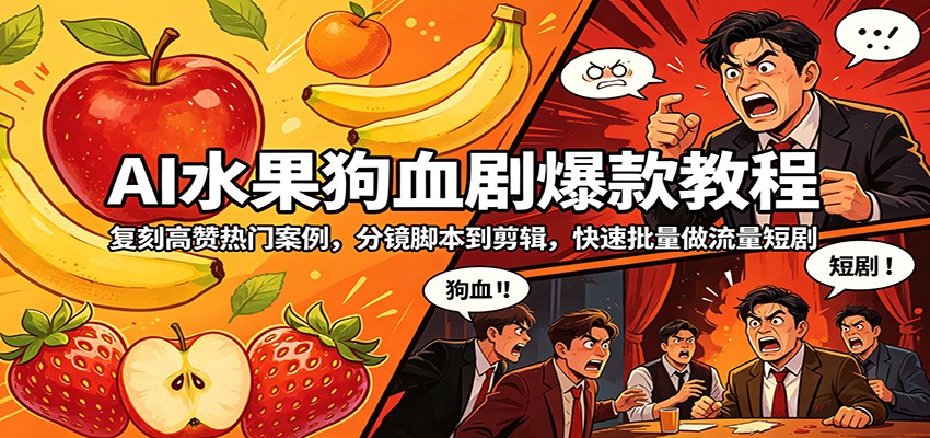 AI水果狗血剧爆款教程：复刻高赞热门案例，分镜脚本到剪辑，快速批量做流量短剧-泡泡网赚