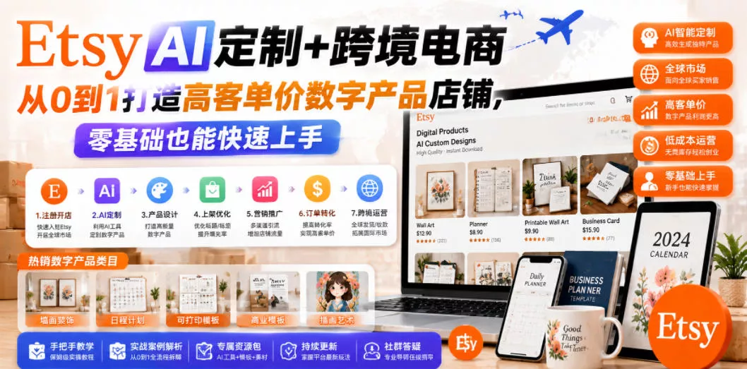 Etsy AI定制+跨境电商，从0到1打造高客单价数字产品店铺，零基础也能快速上手-泡泡网赚