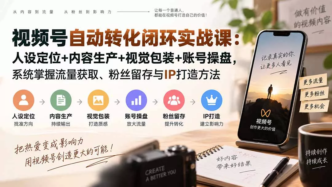 视频号自动转化闭环实战课：人设定位+内容生产+视觉包装+账号操盘，系统掌握流量获取、粉丝留存与IP打造方法-泡泡网赚