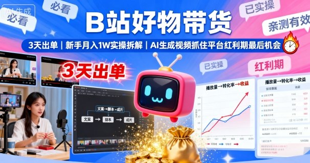 B站好物带货，3天出单，新手月入1W实操拆解，AI生成视频，抓住平台红利期最后机会-泡泡网赚