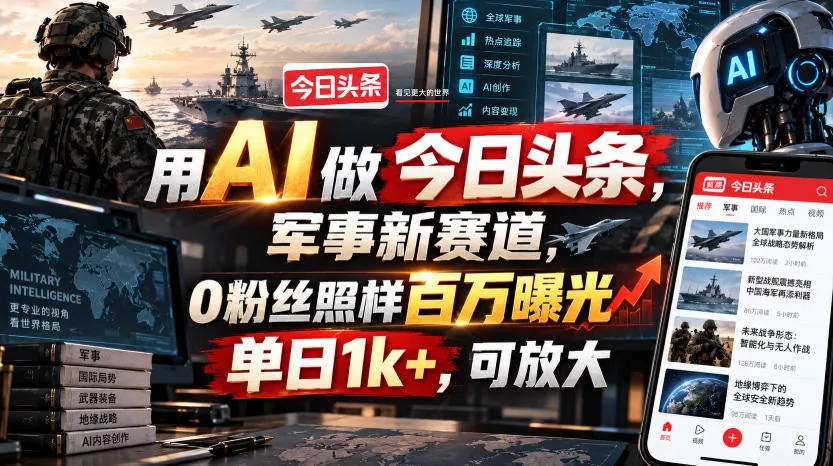 用AI做今日头条，军事新赛道，0粉丝照样百万曝光，单日1k+，可放大-泡泡网赚