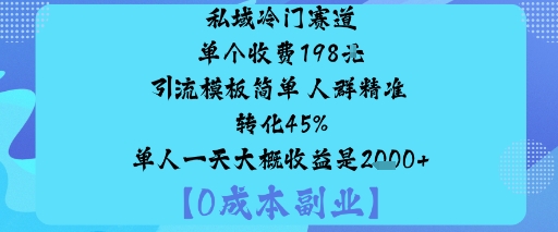 私域冷门赛道:单个收费198米引流模板简单人群精准转化45%单人一天大概收益是1k+-泡泡网赚