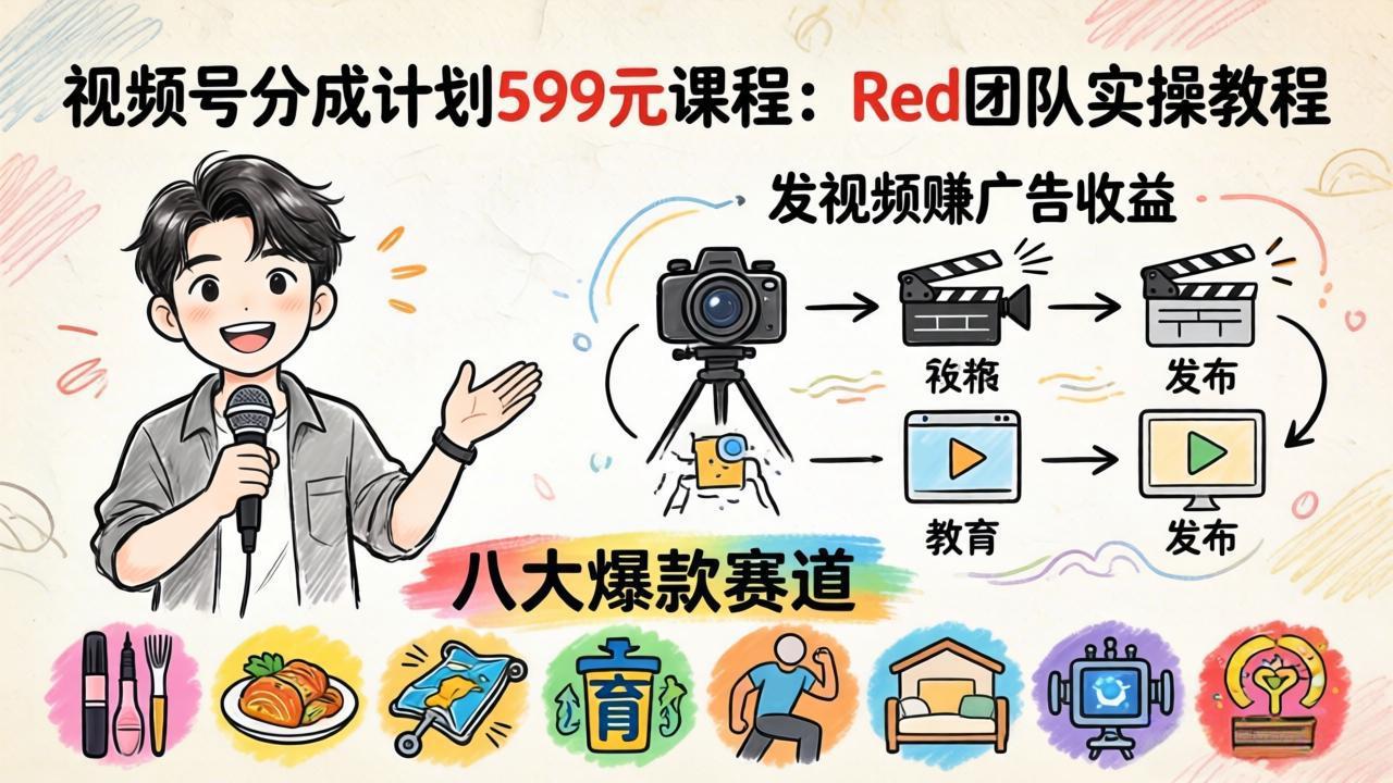 视频号分成计划599元课程：Red团队实操教程，发视频赚广告收益，八大爆款赛道全掌握-泡泡网赚