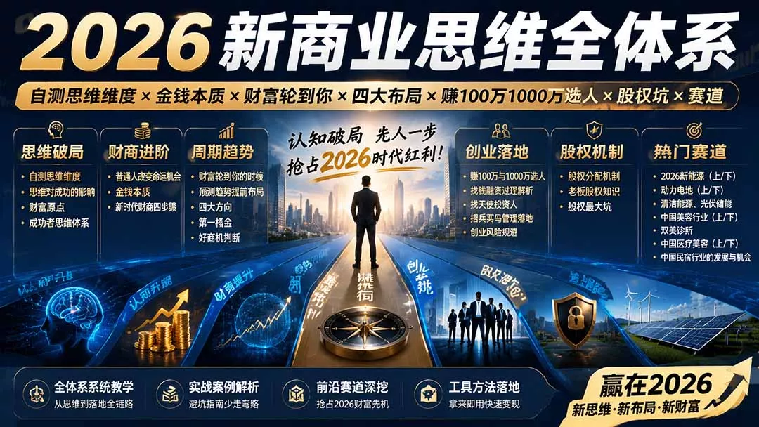 2026新商业思维全体系：自测思维维度×金钱本质×财富轮到你×四大布局×赚100万1000万选人×股权坑×赛道-泡泡网赚