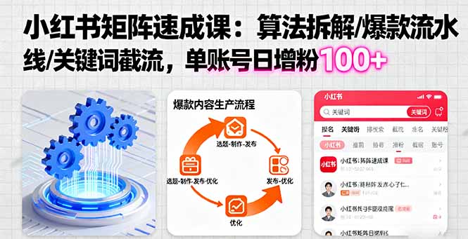 小红书矩阵起号速成课：算法拆解/爆款流水线/关键词截流 单账号日增粉100+-泡泡网赚
