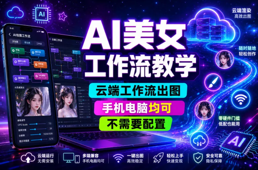 AI美女工作流教学，云端工作流出图，手机电脑均可，不需要配置，快速起号涨粉-泡泡网赚