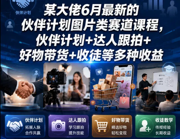 某大佬6月最新的伙伴计划图片类赛道课程，伙伴计划+达人跟拍+好物带货+收徒等多种收益-泡泡网赚
