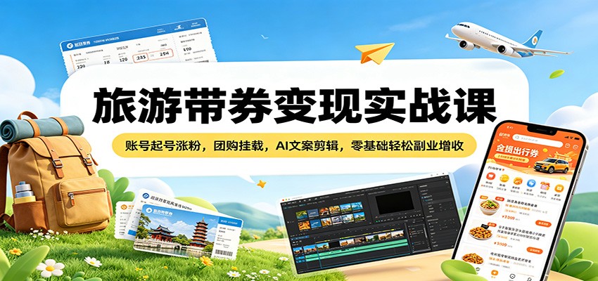 旅游带券变现实战课：账号起号涨粉，团购挂载，AI文案剪辑，零基础轻松副业增收-泡泡网赚