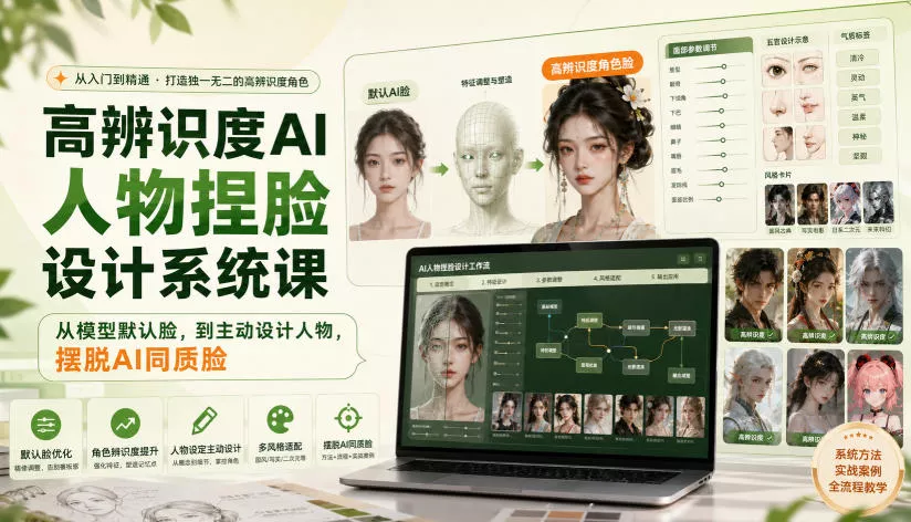高辨识度AI人物捏脸设计系统课,从模型默认脸,到主动设计人物,摆脱AI同质脸 高辨识度AI人物捏脸设计系统课,从模型默认脸,到主动设计人物,摆脱AI同质脸