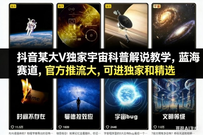 抖音某大V独家宇宙科普解说教学，蓝海赛道，官方推流大，可进独家和精选-泡泡网赚