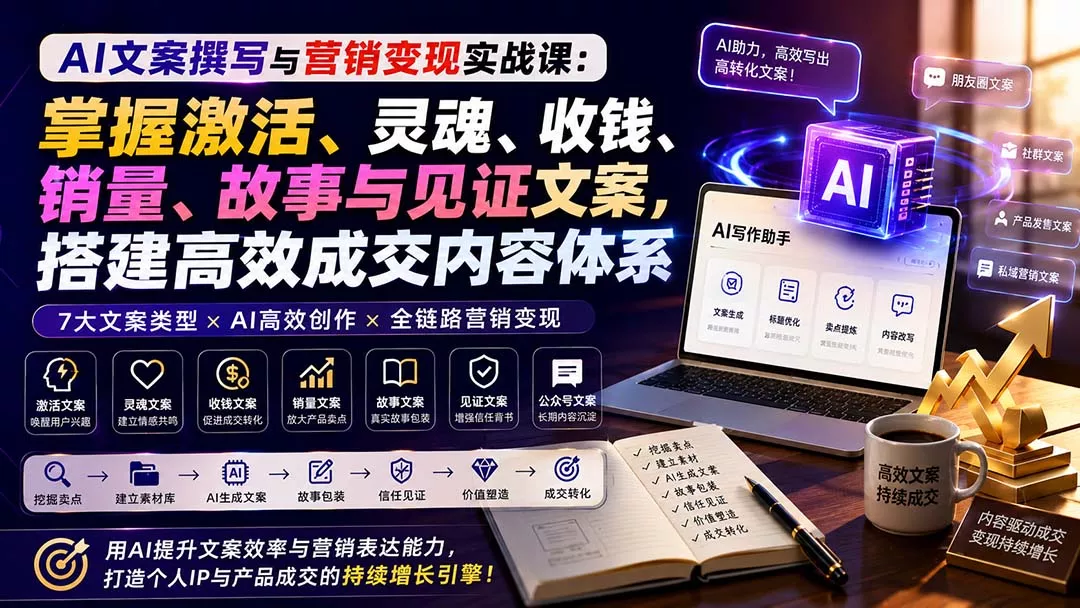 AI文案撰写与营销变现实战课：掌握激活、灵魂、收钱、销量、故事与见证文案，搭建高效成交内容体系-泡泡网赚