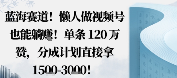 蓝海赛道，懒人做视频号也能躺挣，单条120W赞，分成计划直接拿1.5k，不用拍不用剪-泡泡网赚