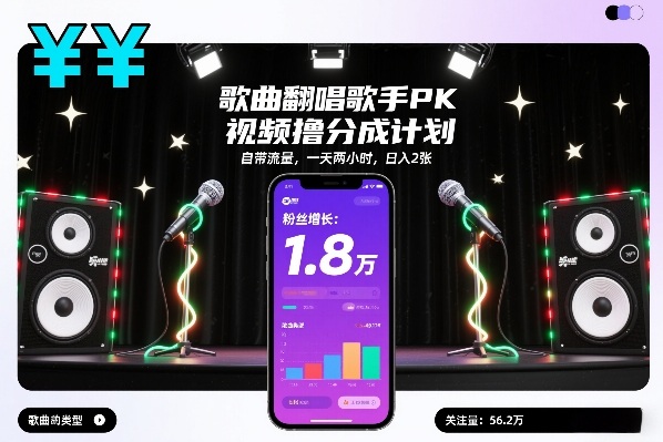 歌曲翻唱歌手PK视频撸分成计划，自带流量，一天两小时，日入2张-泡泡网赚