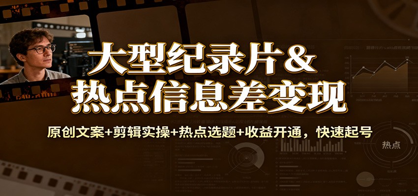 大型纪录片&热点信息差变现：原创文案+剪辑实操+热点选题+收益开通，快速起号-泡泡网赚