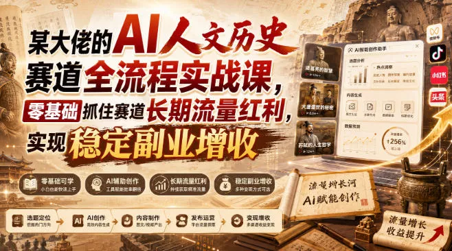 某大佬的AI人文历史赛道全流程实战课，零基础抓住赛道长期流量红利，实现稳定副业增收-泡泡网赚