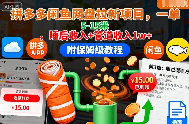 拼多多闲鱼网盘拉新项目，一单5-15米，睡后收入+管道收入1w+(附保姆级教程)-泡泡网赚