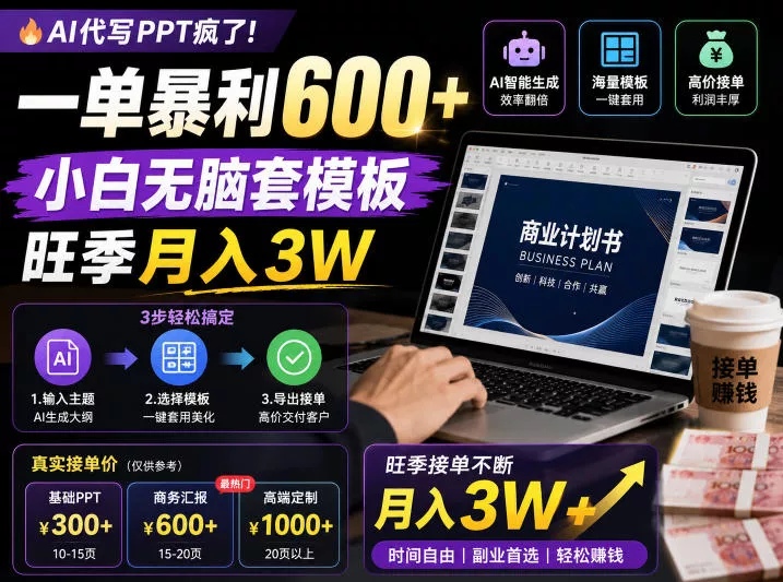 AI代写PPT疯了！一单暴利600+，小白无脑套模板，旺季月入3W，不用苦哈哈引流【揭秘】-泡泡网赚