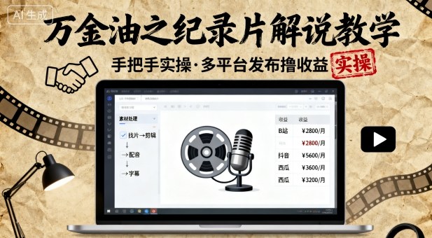 万金油之纪录片解说教学，手把手教你，完全实操，多平台发布撸收益-泡泡网赚