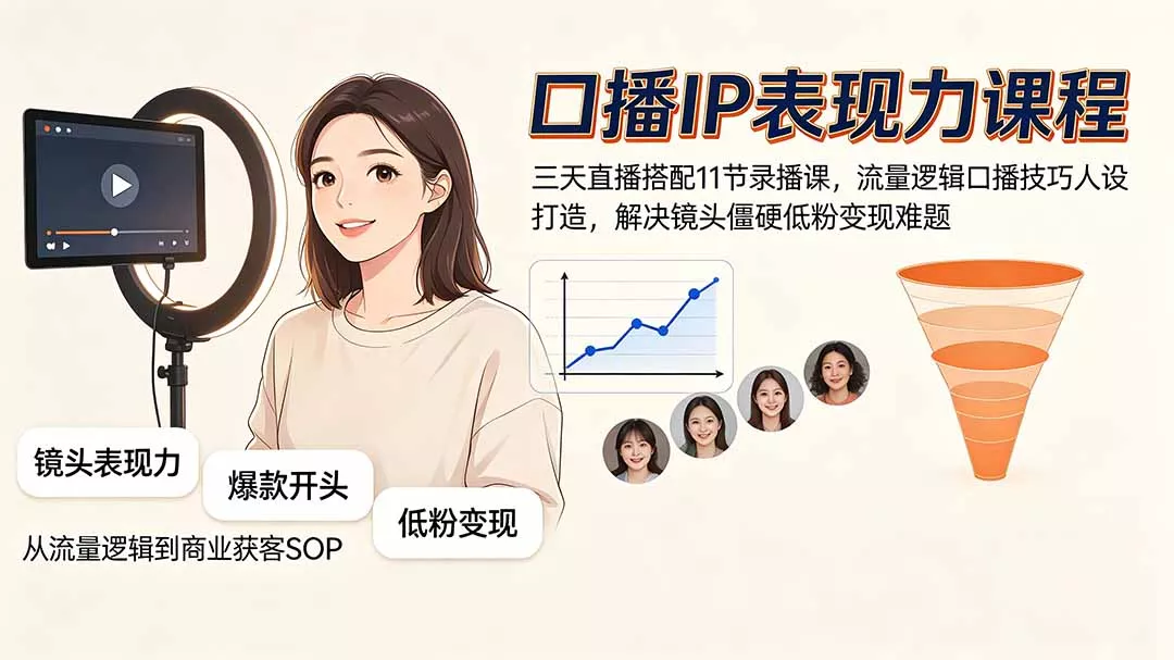 口播IP表现力课程｜三天直播搭配11节录播课，流量逻辑口播技巧人设打造，解决镜头僵硬低粉变现难题-泡泡网赚