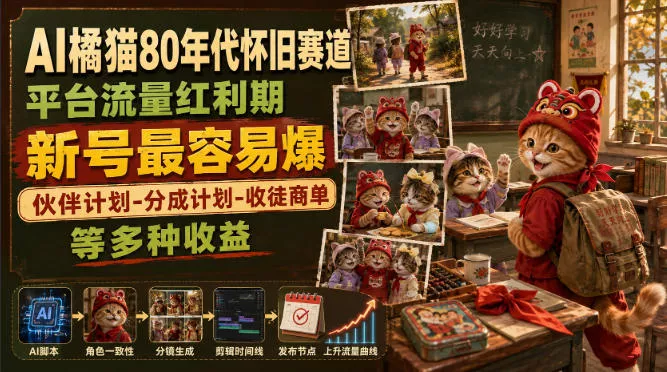 AI橘猫80年代怀旧赛道，平台流量红利期，新号最容易爆，伙伴计划-分成计划-收徒商单等多种收益-泡泡网赚