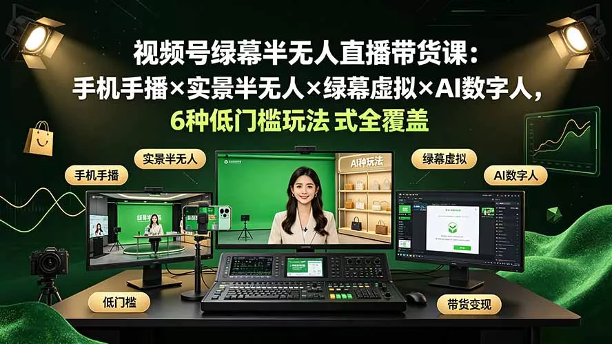 视频号绿幕半无人直播带货课：手机手播×实景半无人×绿幕虚拟×AI数字人，6种低门槛玩法全覆盖-泡泡网赚