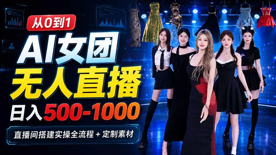 AI 女团无人直播，躺入500-1000每天，直播间搭建实操全流程+定制素材-泡泡网赚