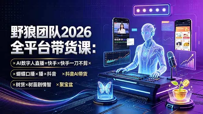 野狼团队2026全平台带货课-7月：AI数字人直播×快手一刀不剪×蝴蝶口播×抖音AI带货×树苗剧情智剪×聚宝盆-泡泡网赚