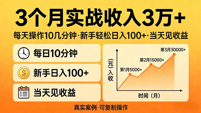 3个月实战收入3万+，每天操作10几分钟，新手轻松日入100+，当天见收益-泡泡网赚