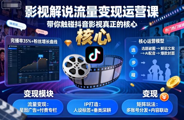 影视解说流量变现运营课，带你触碰抖音影视真正的核心-泡泡网赚