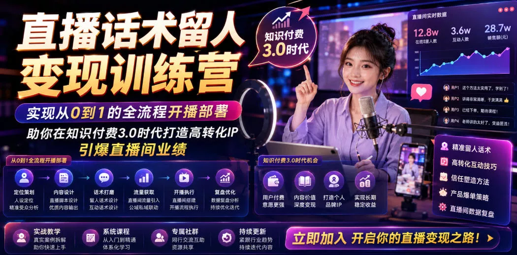 直播话术留人变现训练营，实现从0到1的全流程开播部署，助你在知识付费3.0时代打造高转化IP，引爆直播间业绩-泡泡网赚
