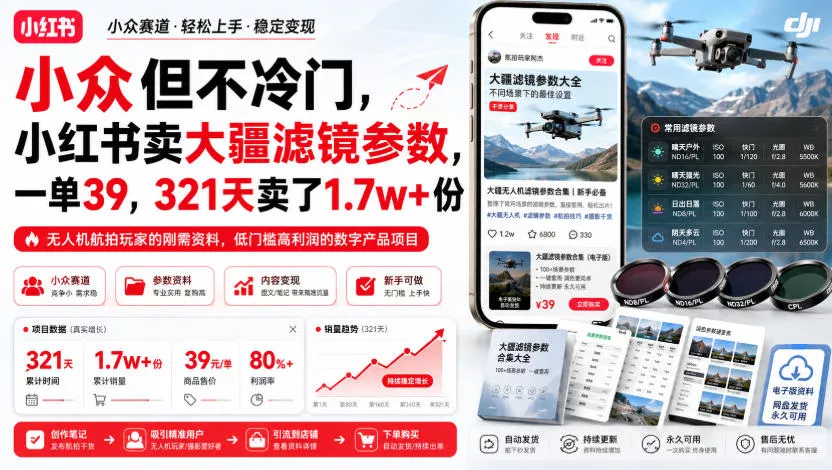 小众但不冷门，小红书卖大疆滤镜参数，一单39，321天卖了1.7w+份-泡泡网赚