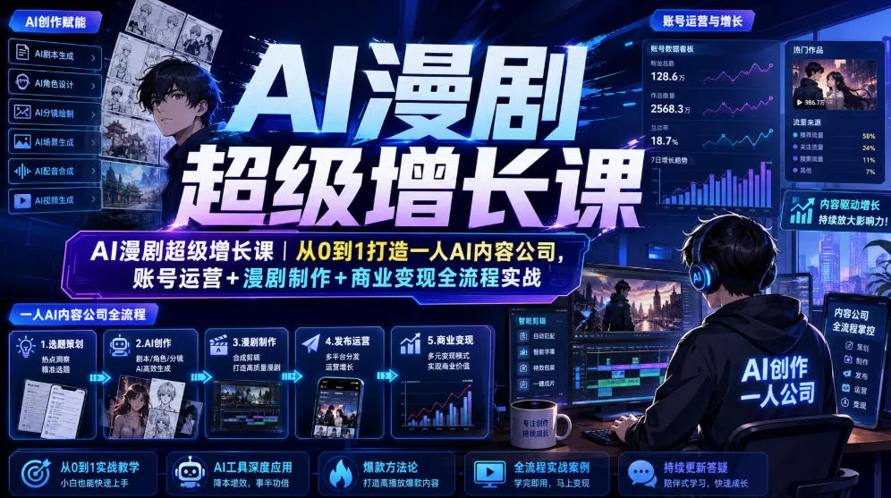 AI漫剧超级增长课｜从0到1打造一人AI内容公司，账号运营+漫剧制作+商业变现全流程实战-泡泡网赚