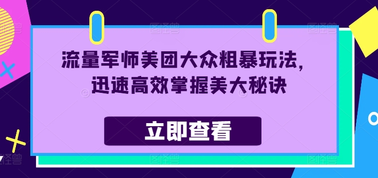 流量军师美团大众粗暴玩法，迅速高效掌握美大秘诀-泡泡网赚
