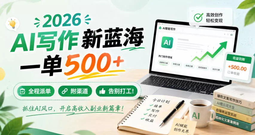 2026 AI写作新蓝海，一单500+，全程派单，附渠道，告别打工！【揭秘】-泡泡网赚