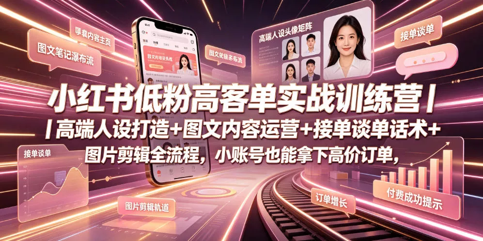 小红书低粉高客单实战训练营｜高端人设打造+图文内容运营+接单谈单话术+图片剪辑全流程，小账号也能拿下高价订单-泡泡网赚