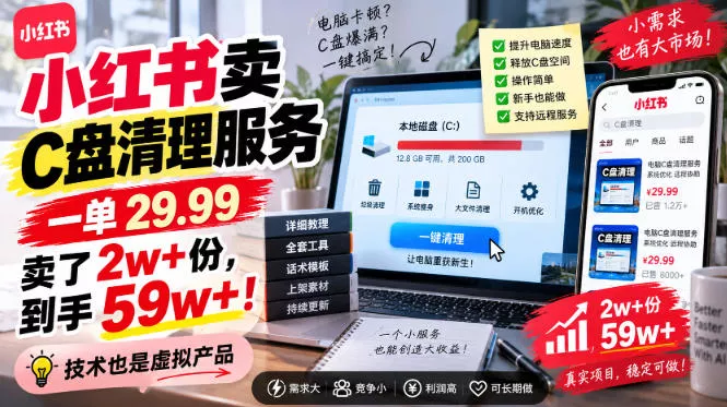 小红书卖C盘清理服务，一单29.99，卖了2w+份，技术也是虚拟产品-泡泡网赚