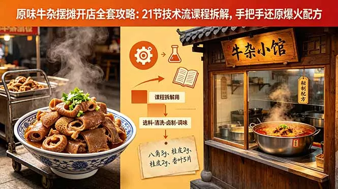 原味牛杂摆摊开店全套攻略：21节技术流课程拆解，手把手还原爆火配方-泡泡网赚