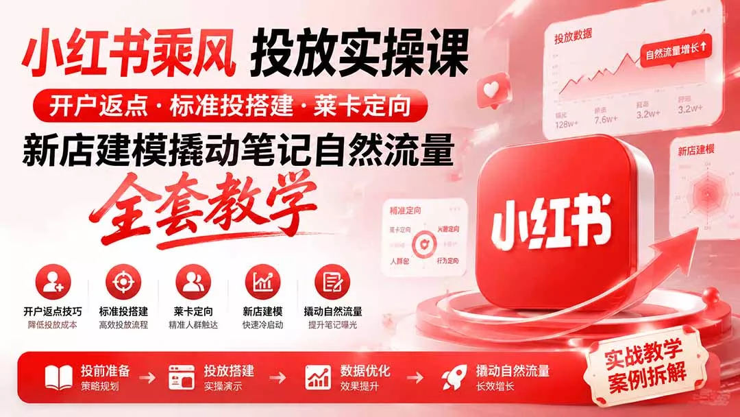 小红书乘风投放-100分钟实操课｜开户返点·标准投搭建·莱卡定向，新店建模撬动笔记自然流量全套教学-泡泡网赚