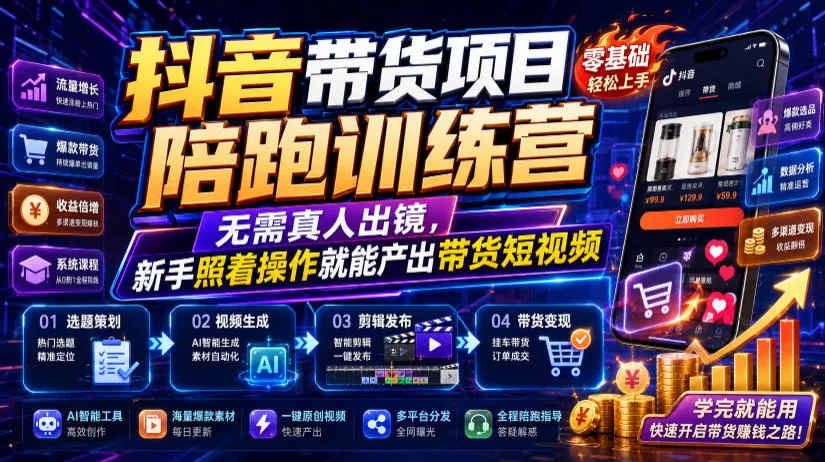 抖音带货项目陪跑训练营，无需真人出镜，新手照着操作就能产出带货短视频(更新0811)-泡泡网赚