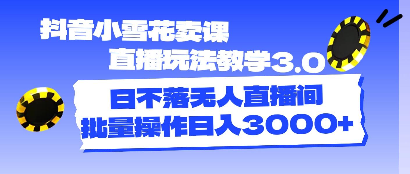 抖音小雪花卖课直播玩法教学3.0，日不落无人直播间，批量操作日入3000+-泡泡网赚