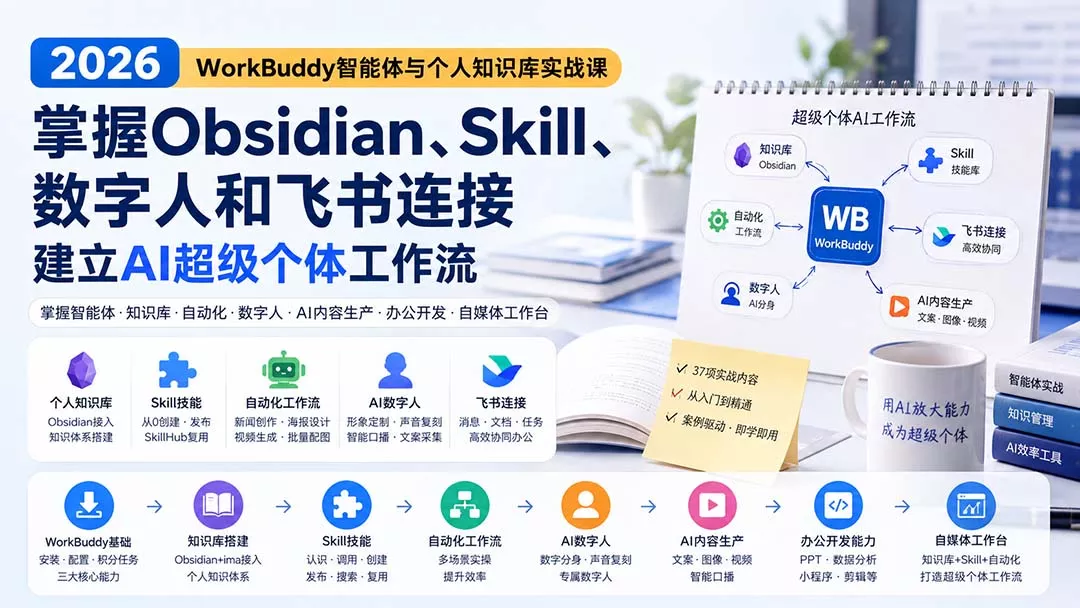 2026 WorkBuddy智能体与个人知识库实战课：掌握Obsidian、Skill、数字人和飞书连接，建立AI超级个体工作流-泡泡网赚