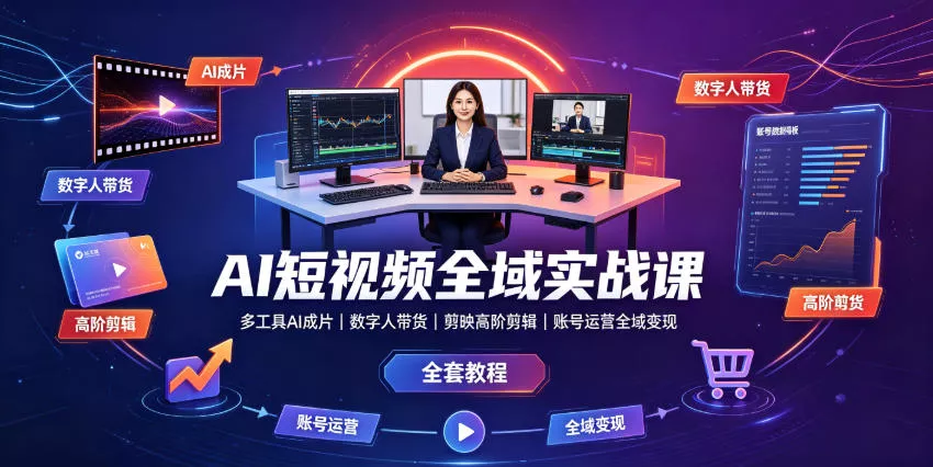 AI短视频全域实战课｜多工具AI成片、数字人带货、剪映高阶剪辑、账号运营全域变现全套教程-泡泡网赚