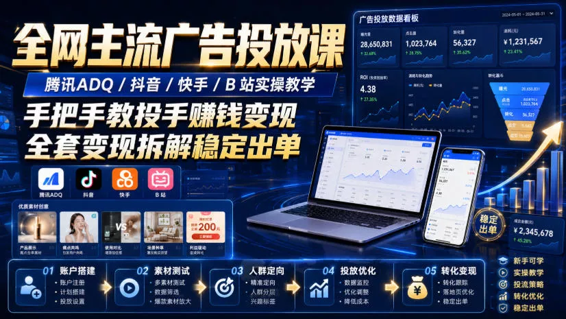 全网主流广告投放课，腾讯ADQ / 抖音 / 快手 / B 站实操教学，手把手教投手赚钱变现，全套变现拆解稳定出单-泡泡网赚