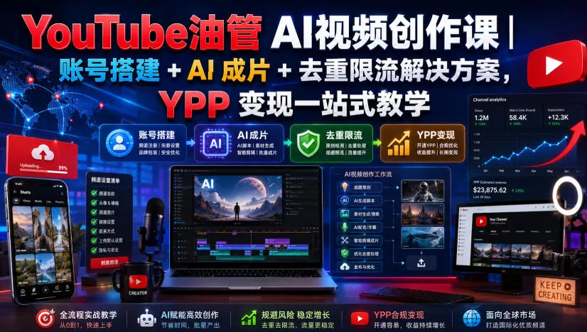 YouTube油管AI视频创作课｜账号搭建+AI成片+去重限流解决方案，YPP变现一站式教学(更新0809)-泡泡网赚