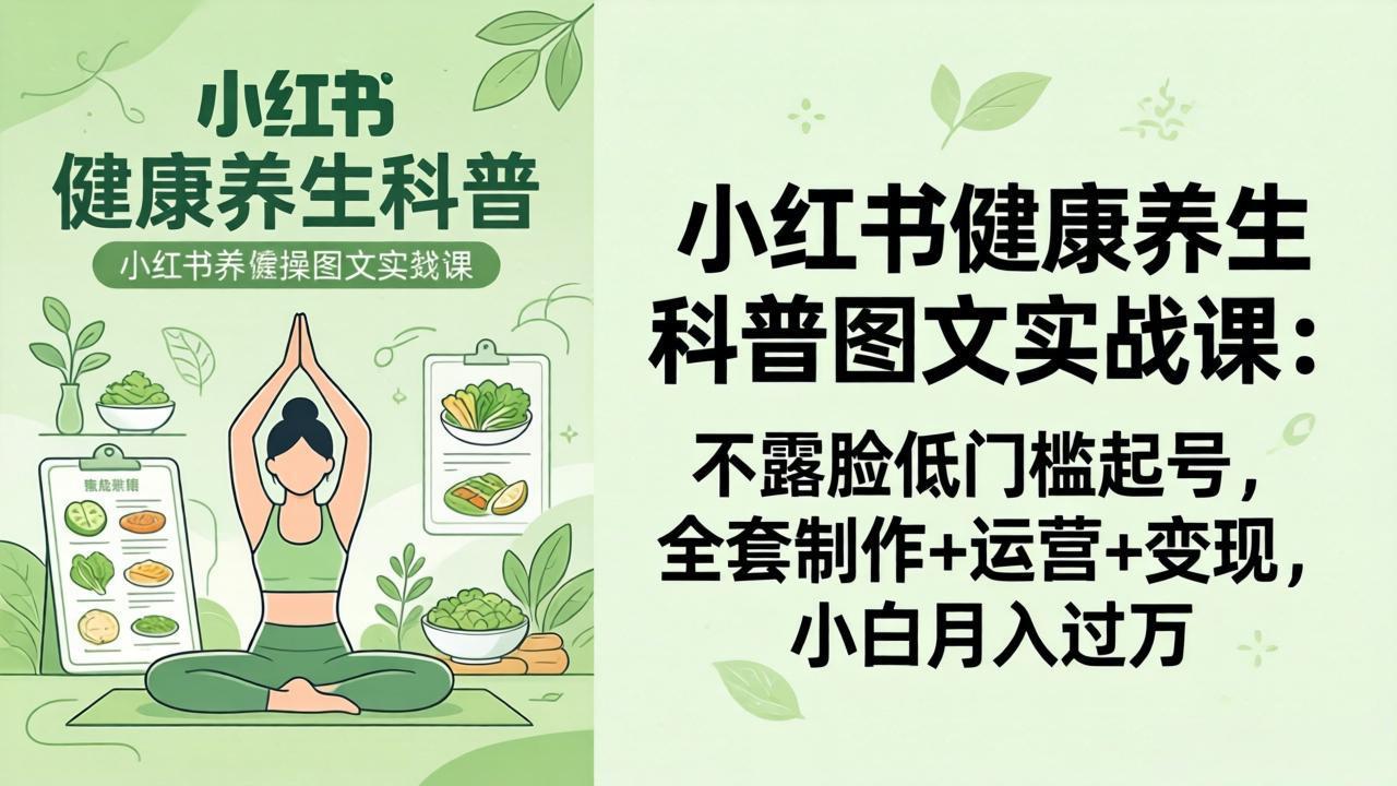 2026小红书健康养生科普图文实战课：不露脸低门槛起号，全套制作+运营+变现，小白月入过万-泡泡网赚