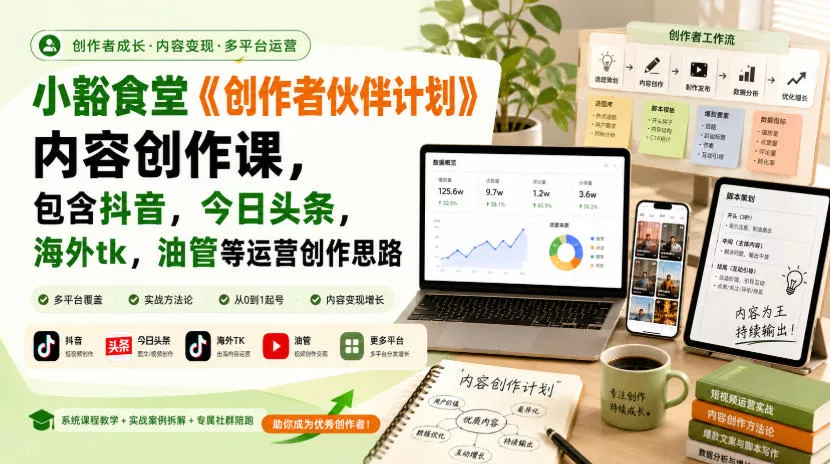 小豁食堂《创作者伙伴计划》内容创作课，包含抖音，今日头条，海外tk，油管等运营创作思路-泡泡网赚