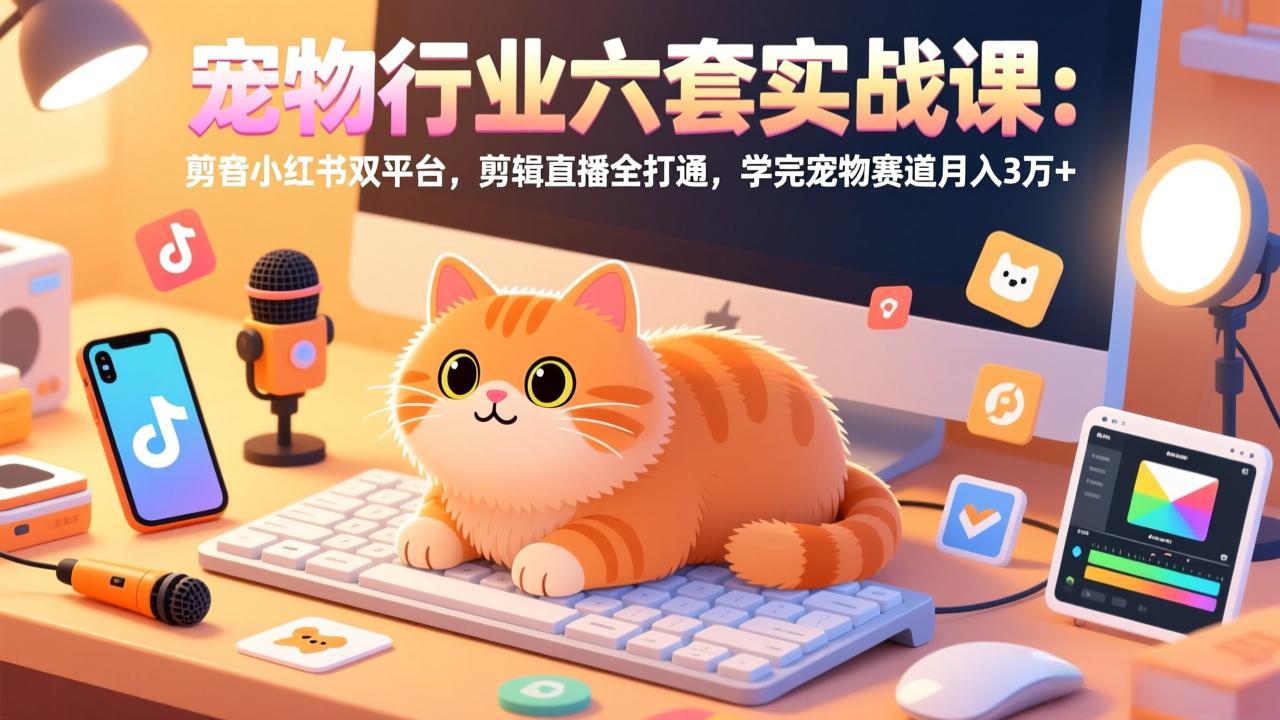 宠物行业六套实战课：抖音小红书双平台，剪辑直播全打通，学完宠物赛道月入3万+-泡泡网赚